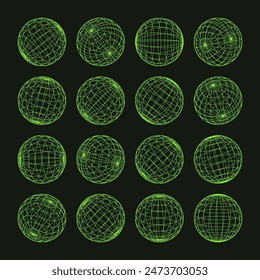 Formas de alambre, esfera forrada. malla de Perspectiva, rejilla 3d. Elementos geométricos de bajo polietileno. Elementos de diseño futuristas retro, y2k, vaporwave y synthwave estilo. Ilustración vectorial