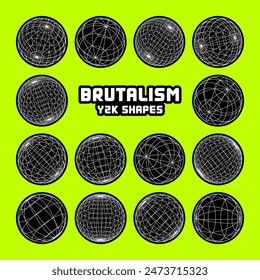 Wireframe shapes, lined sphere. Perspective mesh, 3d grid. Modern trendy low poly geometric elements. Retro futuristic design elements, y2k, vaporwave and synthwave style. Vector illustration
