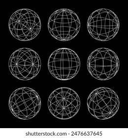 Wireframe shapes, lined sphere. Perspective mesh, 3d grid. Low poly geometric elements. Retro futuristic design elements, y2k, vaporwave and synthwave style. Vector illustration