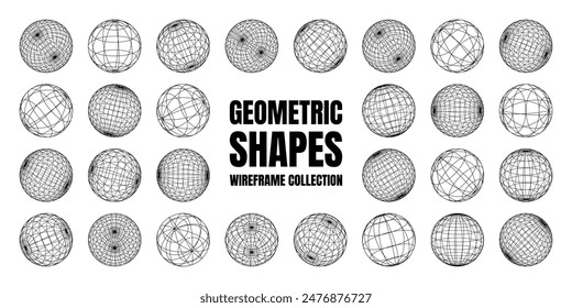 Wireframe shapes, lined sphere. Perspective mesh, 3d grid. Low poly geometric elements. Retro futuristic design elements, y2k, vaporwave and synthwave style. Vector illustration