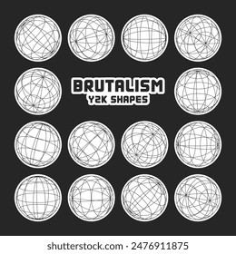 Wireframe shapes, lined sphere. Perspective mesh, 3d grid. Modern trendy low poly geometric elements. Retro futuristic design elements, y2k, vaporwave and synthwave style. Vector illustration