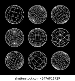 Formas de alambre, esfera forrada. malla de Perspectiva, rejilla 3d. Elementos geométricos de bajo polietileno. Elementos de diseño futuristas retro, y2k, vaporwave y synthwave estilo. Ilustración vectorial