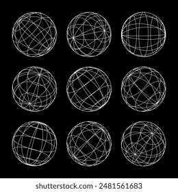 Wireframe shapes, lined sphere. Perspective mesh, 3d grid. Low poly geometric elements. Retro futuristic design elements, y2k, vaporwave and synthwave style. Vector illustration