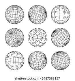 Wireframe shapes, lined sphere. Perspective mesh, 3d grid. Low poly geometric elements. Retro futuristic design elements, y2k, vaporwave and synthwave style. Vector illustration