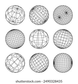 Wireframe shapes, lined sphere. Perspective mesh, 3d grid. Low poly geometric elements. Retro futuristic design elements, y2k, vaporwave and synthwave style. Vector illustration