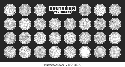 Wireframe shapes, lined sphere. Perspective mesh, 3d grid. Modern trendy low poly geometric elements. Retro futuristic design elements, y2k, vaporwave and synthwave style. Vector illustration