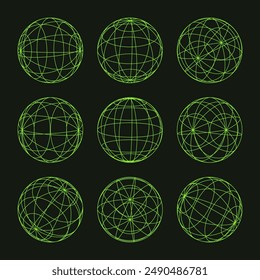 Wireframe shapes, lined sphere. Perspective mesh, 3d grid. Low poly geometric elements. Retro futuristic design elements, y2k, vaporwave and synthwave style. Vector illustration