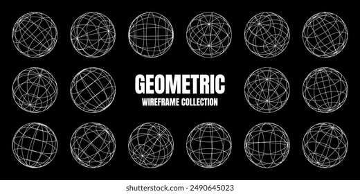 Wireframe shapes, lined sphere. Perspective mesh, 3d grid. Low poly geometric elements. Retro futuristic design elements, y2k, vaporwave and synthwave style. Vector illustration