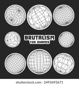 Wireframe shapes, lined sphere. Perspective mesh, 3d grid. Modern trendy low poly geometric elements. Retro futuristic design elements, y2k, vaporwave and synthwave style. Vector illustration