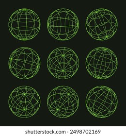 Wireframe shapes, lined sphere. Perspective mesh, 3d grid. Low poly geometric elements. Retro futuristic design elements, y2k, vaporwave and synthwave style. Vector illustration