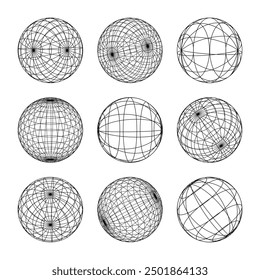 Wireframe shapes, lined sphere. Perspective mesh, 3d grid. Low poly geometric elements. Retro futuristic design elements, y2k, vaporwave and synthwave style. Vector illustration