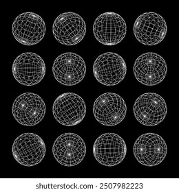 Wireframe shapes, lined sphere. Perspective mesh, 3d grid. Low poly geometric elements. Retro futuristic design elements, y2k, vaporwave and synthwave style. Vector illustration