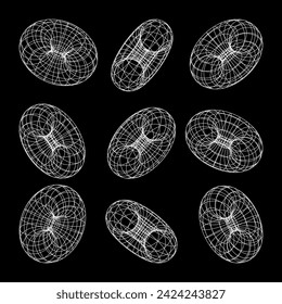 Wireframe shapes, lined torus. Perspective mesh, 3d grid. Low poly geometric elements. Retro futuristic design elements, y2k, vaporwave and synthwave style. Vector illustration