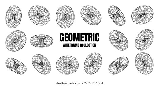 Wireframe shapes, lined torus. Perspective mesh, 3d grid. Low poly geometric elements. Retro futuristic design elements, y2k, vaporwave and synthwave style. Vector illustration