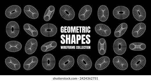 Wireframe shapes, lined torus. Perspective mesh, 3d grid. Low poly geometric elements. Retro futuristic design elements, y2k, vaporwave and synthwave style. Vector illustration
