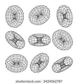 Wireframe shapes, lined torus. Perspective mesh, 3d grid. Low poly geometric elements. Retro futuristic design elements, y2k, vaporwave and synthwave style. Vector illustration