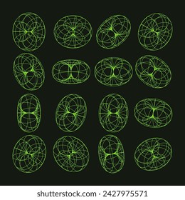 Wireframe shapes, lined torus. Perspective mesh, 3d grid. Low poly geometric elements. Retro futuristic design elements, y2k, vaporwave and synthwave style. Vector illustration
