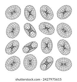 Wireframe shapes, lined torus. Perspective mesh, 3d grid. Low poly geometric elements. Retro futuristic design elements, y2k, vaporwave and synthwave style. Vector illustration