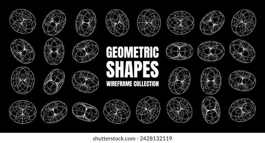 Wireframe shapes, lined torus. Perspective mesh, 3d grid. Low poly geometric elements. Retro futuristic design elements, y2k, vaporwave and synthwave style. Vector illustration