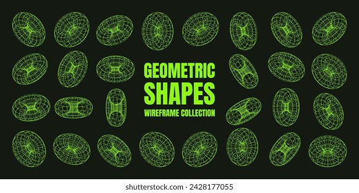 Wireframe shapes, lined torus. Perspective mesh, 3d grid. Low poly geometric elements. Retro futuristic design elements, y2k, vaporwave and synthwave style. Vector illustration