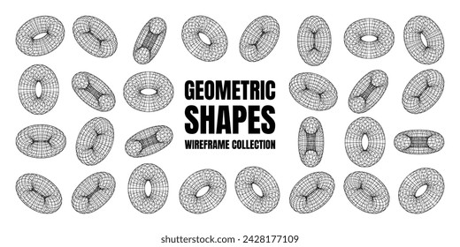 Wireframe shapes, lined torus. Perspective mesh, 3d grid. Low poly geometric elements. Retro futuristic design elements, y2k, vaporwave and synthwave style. Vector illustration