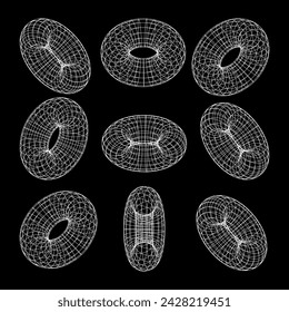 Wireframe shapes, lined torus. Perspective mesh, 3d grid. Low poly geometric elements. Retro futuristic design elements, y2k, vaporwave and synthwave style. Vector illustration