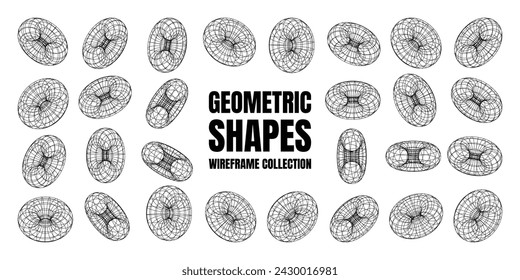 Wireframe shapes, lined torus. Perspective mesh, 3d grid. Low poly geometric elements. Retro futuristic design elements, y2k, vaporwave and synthwave style. Vector illustration