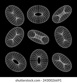 Wireframe shapes, lined torus. Perspective mesh, 3d grid. Low poly geometric elements. Retro futuristic design elements, y2k, vaporwave and synthwave style. Vector illustration