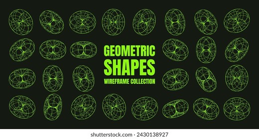 Wireframe shapes, lined torus. Perspective mesh, 3d grid. Low poly geometric elements. Retro futuristic design elements, y2k, vaporwave and synthwave style. Vector illustration