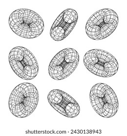 Wireframe shapes, lined torus. Perspective mesh, 3d grid. Low poly geometric elements. Retro futuristic design elements, y2k, vaporwave and synthwave style. Vector illustration