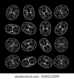 Wireframe shapes, lined torus. Perspective mesh, 3d grid. Low poly geometric elements. Retro futuristic design elements, y2k, vaporwave and synthwave style. Vector illustration