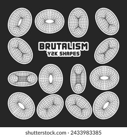 Wireframe shapes, lined torus. Perspective mesh, 3d grid. Modern trendy low poly geometric elements. Retro futuristic design elements, y2k, vaporwave and synthwave style. Vector illustration