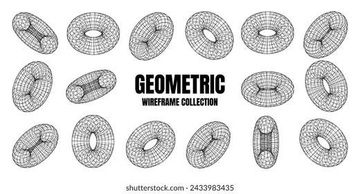 Wireframe shapes, lined torus. Perspective mesh, 3d grid. Low poly geometric elements. Retro futuristic design elements, y2k, vaporwave and synthwave style. Vector illustration