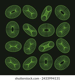 Wireframe shapes, lined torus. Perspective mesh, 3d grid. Low poly geometric elements. Retro futuristic design elements, y2k, vaporwave and synthwave style. Vector illustration