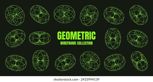 Wireframe shapes, lined torus. Perspective mesh, 3d grid. Low poly geometric elements. Retro futuristic design elements, y2k, vaporwave and synthwave style. Vector illustration