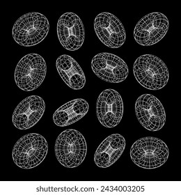 Wireframe shapes, lined torus. Perspective mesh, 3d grid. Low poly geometric elements. Retro futuristic design elements, y2k, vaporwave and synthwave style. Vector illustration