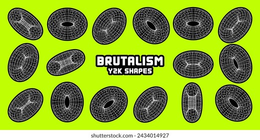 Wireframe shapes, lined torus. Perspective mesh, 3d grid. Modern trendy low poly geometric elements. Retro futuristic design elements, y2k, vaporwave and synthwave style. Vector illustration