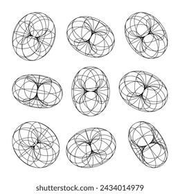 Wireframe shapes, lined torus. Perspective mesh, 3d grid. Low poly geometric elements. Retro futuristic design elements, y2k, vaporwave and synthwave style. Vector illustration