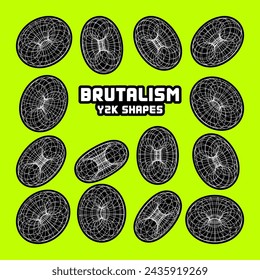 Wireframe shapes, lined torus. Perspective mesh, 3d grid. Modern trendy low poly geometric elements. Retro futuristic design elements, y2k, vaporwave and synthwave style. Vector illustration