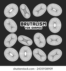 Wireframe shapes, lined torus. Perspective mesh, 3d grid. Modern trendy low poly geometric elements. Retro futuristic design elements, y2k, vaporwave and synthwave style. Vector illustration