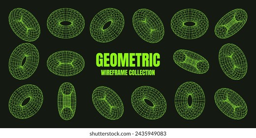 Wireframe shapes, lined torus. Perspective mesh, 3d grid. Low poly geometric elements. Retro futuristic design elements, y2k, vaporwave and synthwave style. Vector illustration