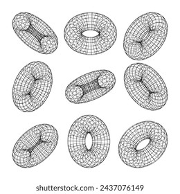 Wireframe shapes, lined torus. Perspective mesh, 3d grid. Low poly geometric elements. Retro futuristic design elements, y2k, vaporwave and synthwave style. Vector illustration