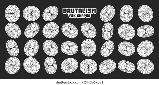 Wireframe shapes, lined torus. Perspective mesh, 3d grid. Modern trendy low poly geometric elements. Retro futuristic design elements, y2k, vaporwave and synthwave style. Vector illustration