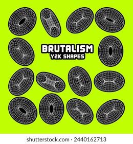 Wireframe shapes, lined torus. Perspective mesh, 3d grid. Modern trendy low poly geometric elements. Retro futuristic design elements, y2k, vaporwave and synthwave style. Vector illustration