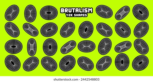 Wireframe shapes, lined torus. Perspective mesh, 3d grid. Modern trendy low poly geometric elements. Retro futuristic design elements, y2k, vaporwave and synthwave style. Vector illustration