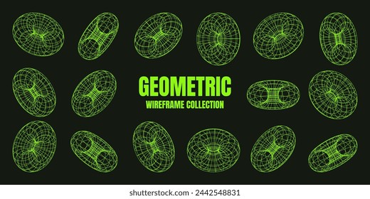 Wireframe shapes, lined torus. Perspective mesh, 3d grid. Low poly geometric elements. Retro futuristic design elements, y2k, vaporwave and synthwave style. Vector illustration