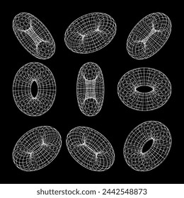 Wireframe shapes, lined torus. Perspective mesh, 3d grid. Low poly geometric elements. Retro futuristic design elements, y2k, vaporwave and synthwave style. Vector illustration