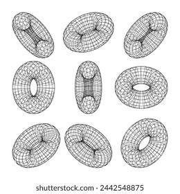 Wireframe shapes, lined torus. Perspective mesh, 3d grid. Low poly geometric elements. Retro futuristic design elements, y2k, vaporwave and synthwave style. Vector illustration