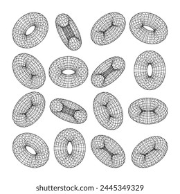 Wireframe shapes, lined torus. Perspective mesh, 3d grid. Low poly geometric elements. Retro futuristic design elements, y2k, vaporwave and synthwave style. Vector illustration