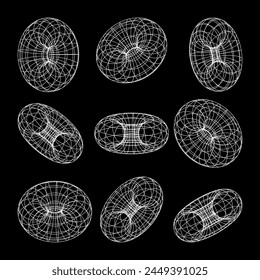 Wireframe shapes, lined torus. Perspective mesh, 3d grid. Low poly geometric elements. Retro futuristic design elements, y2k, vaporwave and synthwave style. Vector illustration